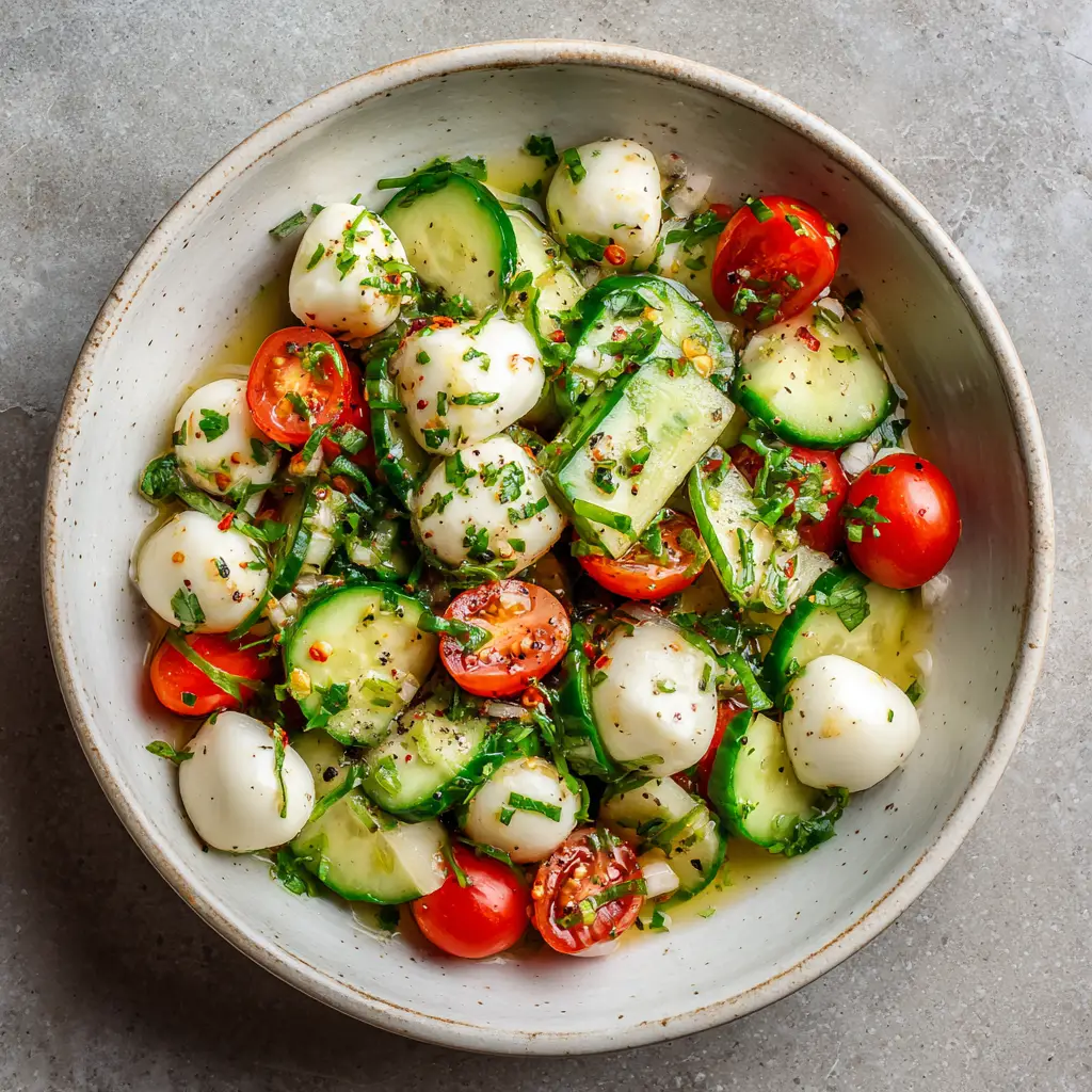 Cucumber Mozzarella Salad glistening with a clear vinaigrette dressing and garnished with fresh green herbs and coarse black pepper.