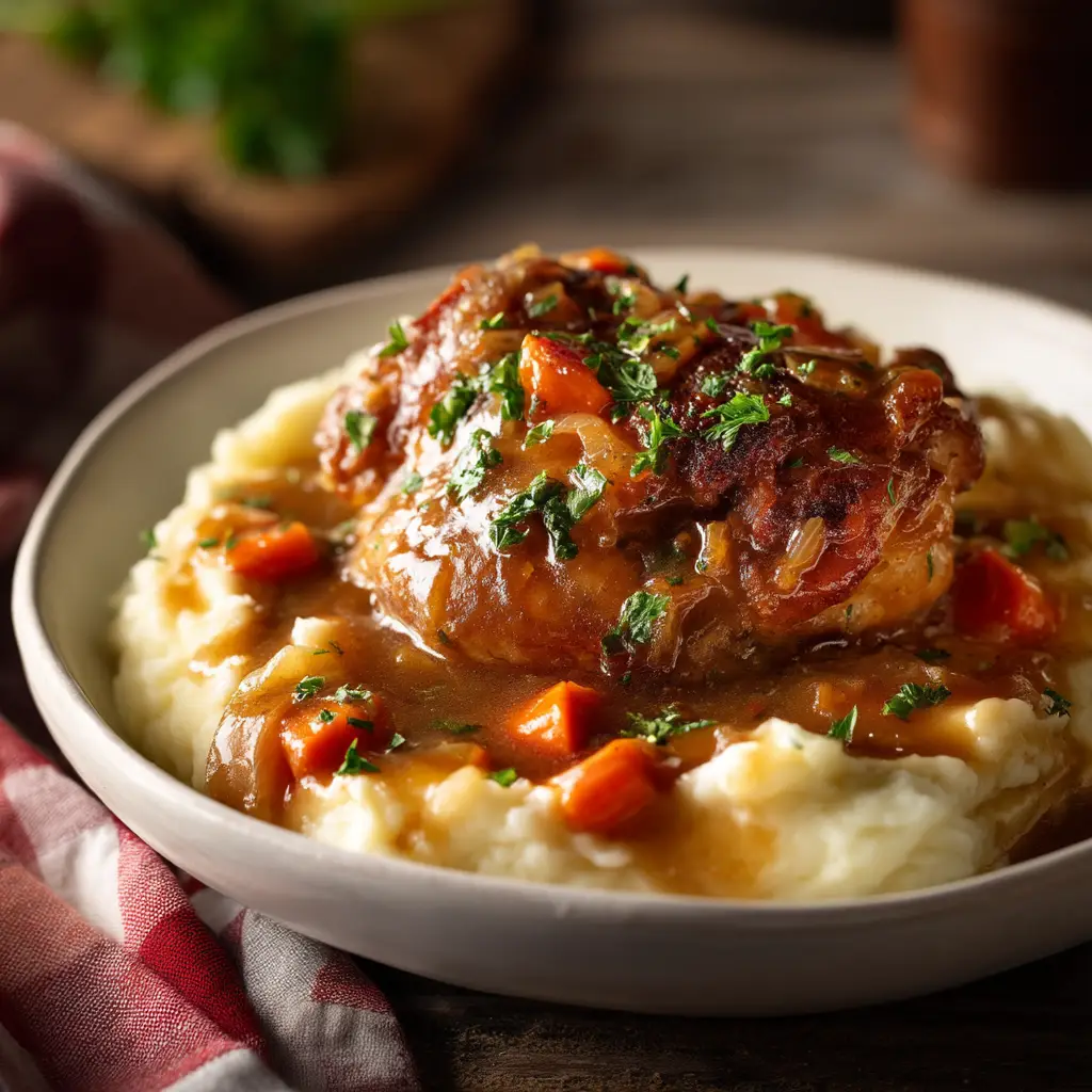 Another angle of the Italian chicken recipe, showing a fork breaking into the tender chicken thigh, with steam rising from the dish.