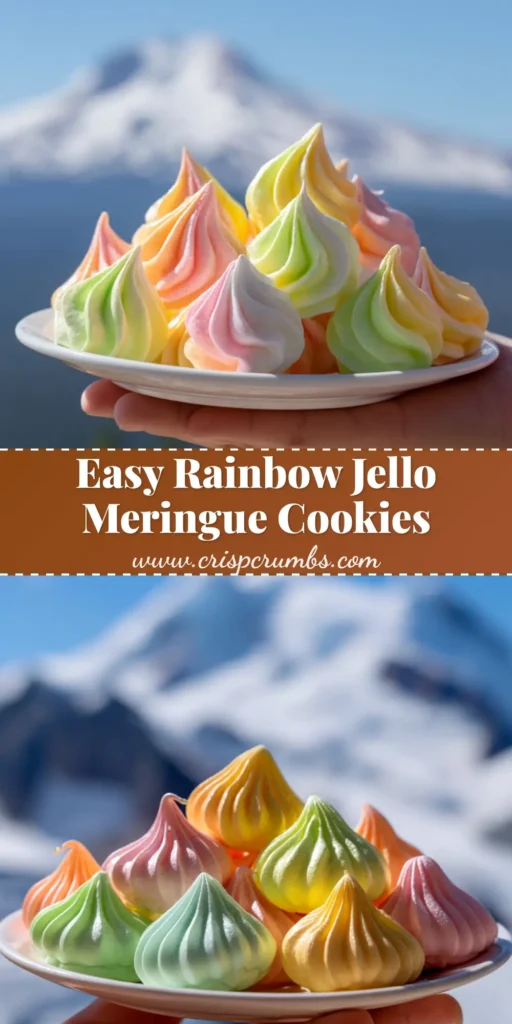 A close-up shot of colorful Jello Meringue Cookies arranged on a white plate. The cookies are in pastel shades of pink, green, and yellow, showcasing their light and airy texture.