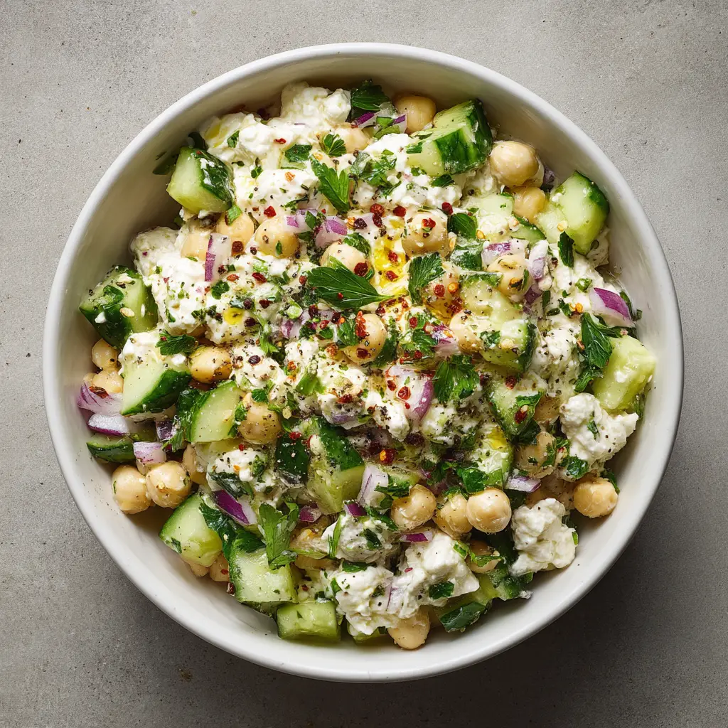Cottage Cheese Chickpea Salad (The Ultimate Creamy Recipe) 1 A side-angle shot of cottage cheese chickpea salad being mixed in a bowl, showing the fresh ingredients like celery and red onion.