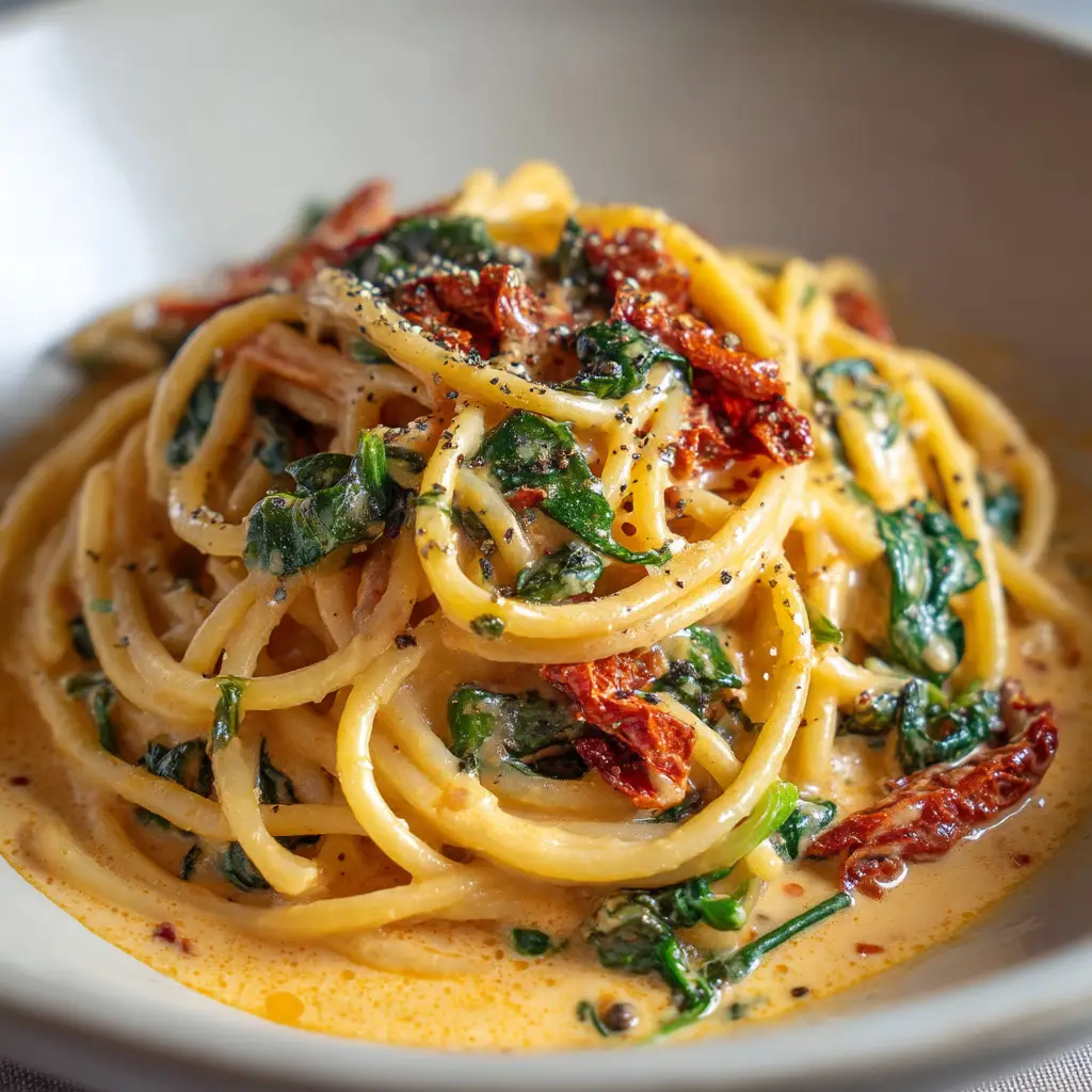 Sun-Dried Tomato Cream Sauce: The Ultimate 20-Minute Recipe 1 A pan shot showing the final step of making sun-dried tomato cream sauce, with fresh basil being stirred into the finished, luscious sauce.