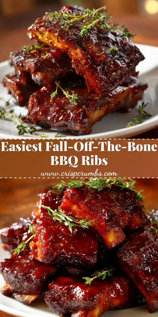 A shareable pin image for easy Oven-Baked Country Style Ribs, showing tender, BBQ-sauced ribs on a platter with text overlay for Pinterest.
