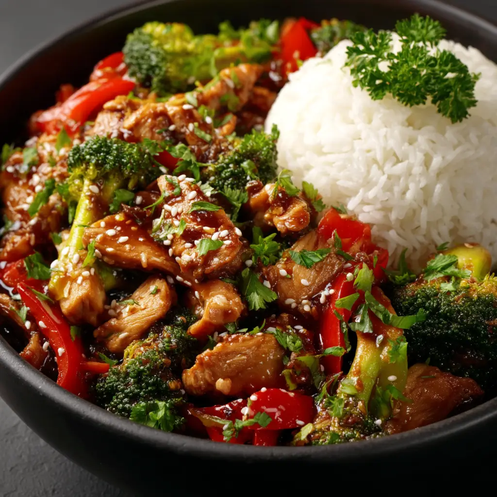 A beautiful bowl of quick teriyaki chicken stir fry served over white rice and garnished with sesame seeds.