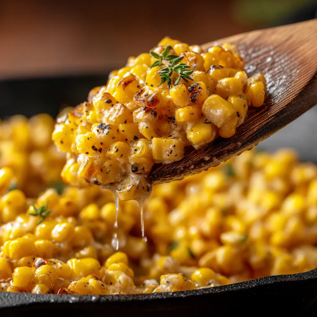 A spoonful of honey butter skillet corn being lifted from the pan, showcasing the delicious, glossy sauce.