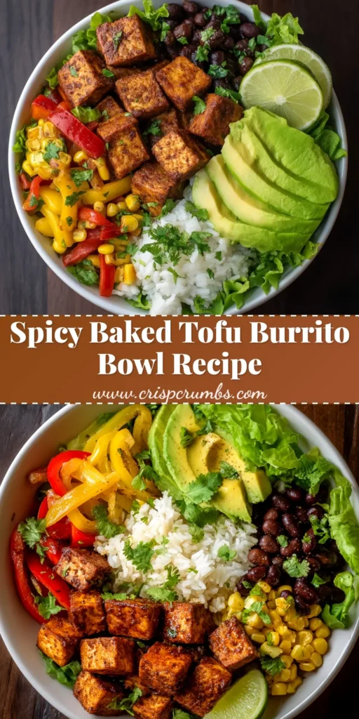 A vibrant and healthy Spicy Tofu Burrito Bowl recipe, packed with crispy tofu, black beans, corn, and avocado, all drizzled with a creamy sauce. Perfect for a vegan dinner or meal prep.