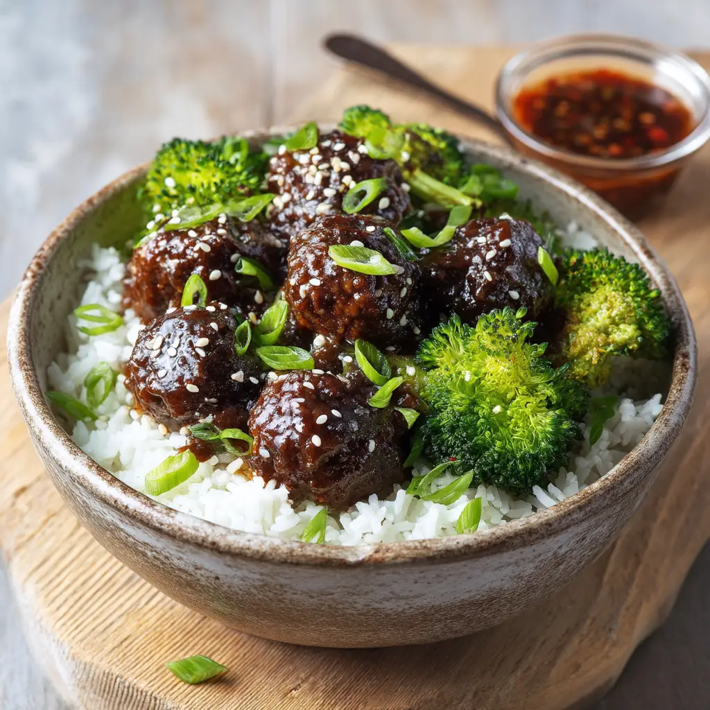 Sticky Mongolian Meatballs (The Only Recipe You'll Ever Need) 1 A beautiful serving of Sticky Mongolian Meatballs over a bed of fluffy white rice in a ceramic bowl.