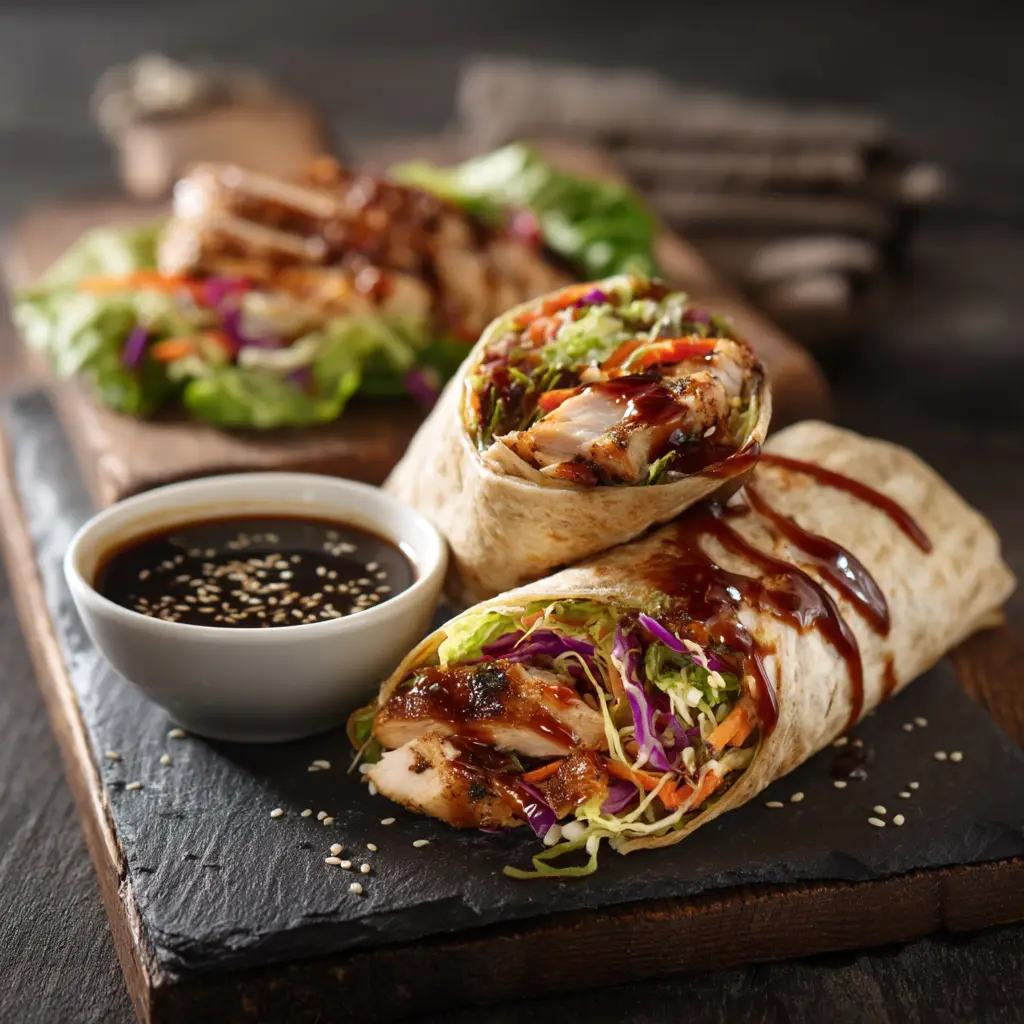 Teriyaki Chicken Wrap Recipe (Quick & Easy) 1 A detailed shot of the glazed teriyaki chicken and fresh vegetable fillings before being wrapped in a soft flour tortilla. An essential step in our teriyaki chicken wrap recipe.