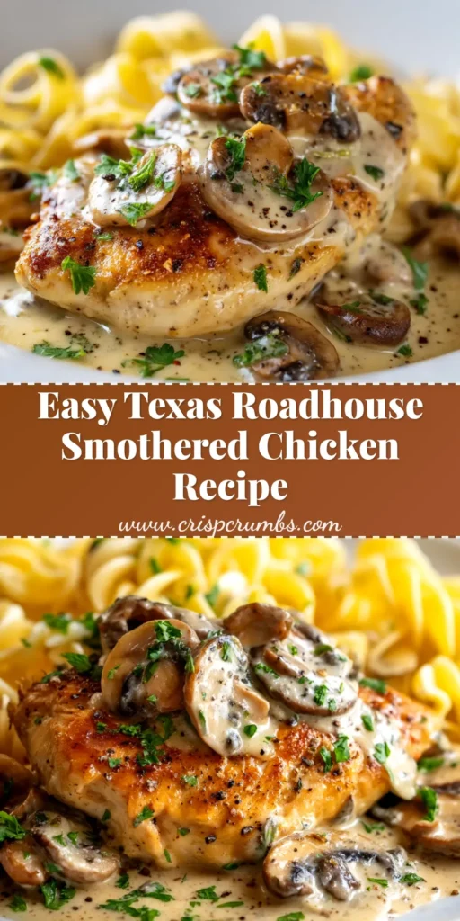 A close-up of the finished Texas Roadhouse Smothered Chicken in a skillet, with melted cheese, gravy, onions, and mushrooms covering a juicy chicken breast.