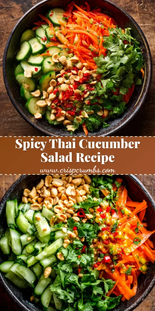 A vibrant and refreshing Thai Cucumber Salad in a white bowl, garnished with fresh cilantro and chopped peanuts. The perfect quick and easy side dish.
