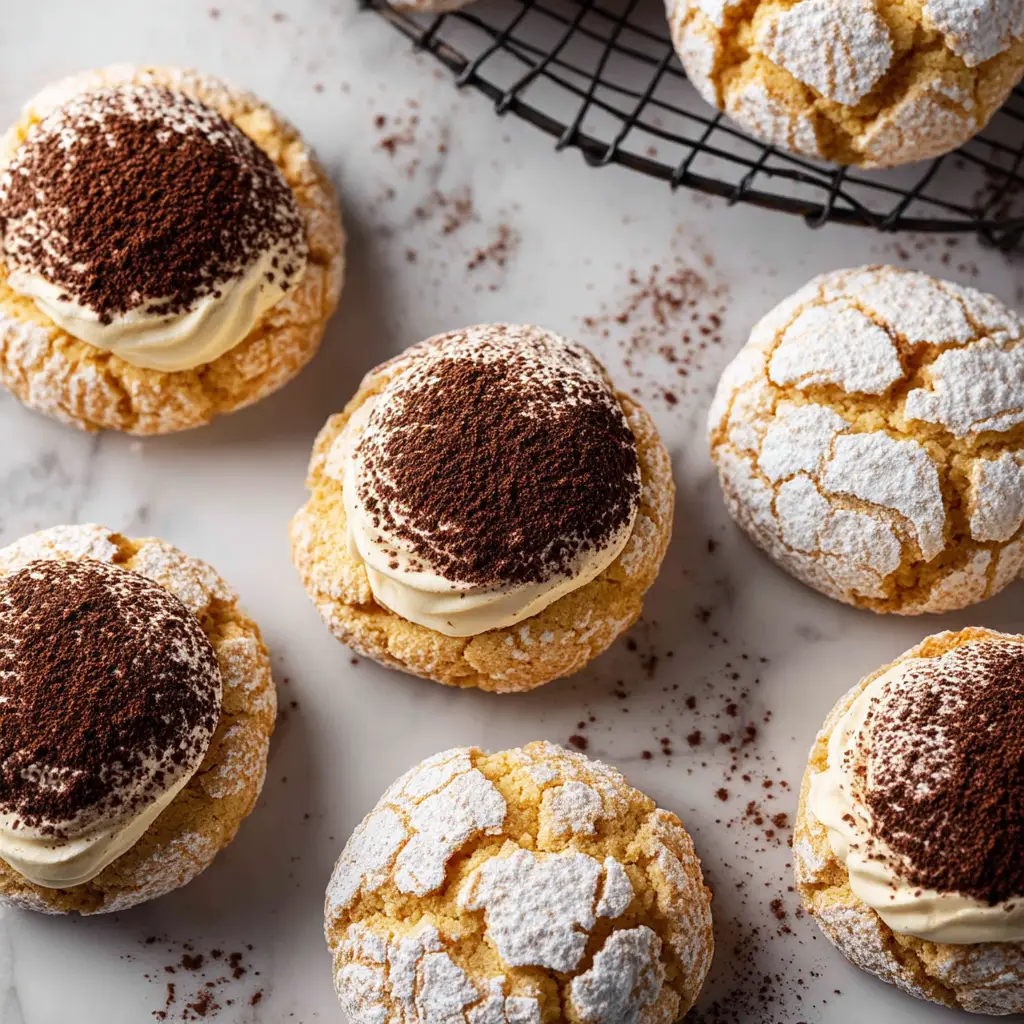 A stack of Tiramisu Crinkle Cookies next to a cup of coffee, emphasizing the rich espresso flavor of the dessert.