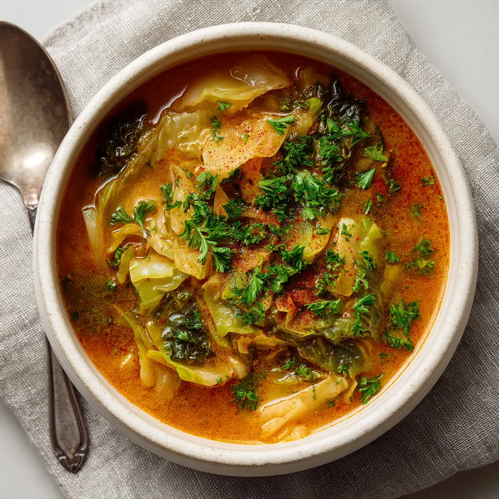 A spoonful of fat-burning cabbage soup being lifted from a bowl, showing the texture of the vegetables.