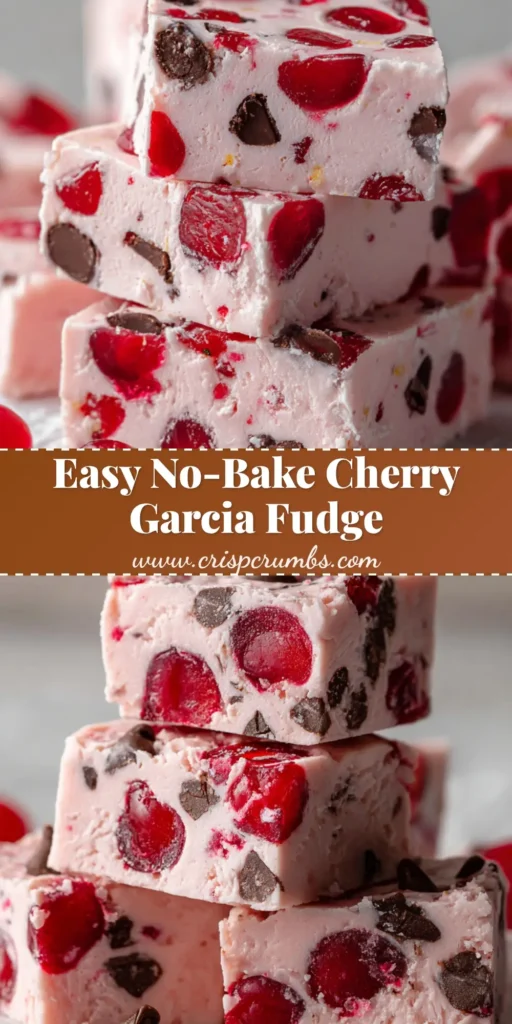 The Ultimate Cherry Garcia Fudge Experience for Dessert Lovers 4 A close-up shot of thick squares of Cherry Garcia fudge stacked on crumpled white parchment paper revealing juicy cherries and dark chocolate chunks.
