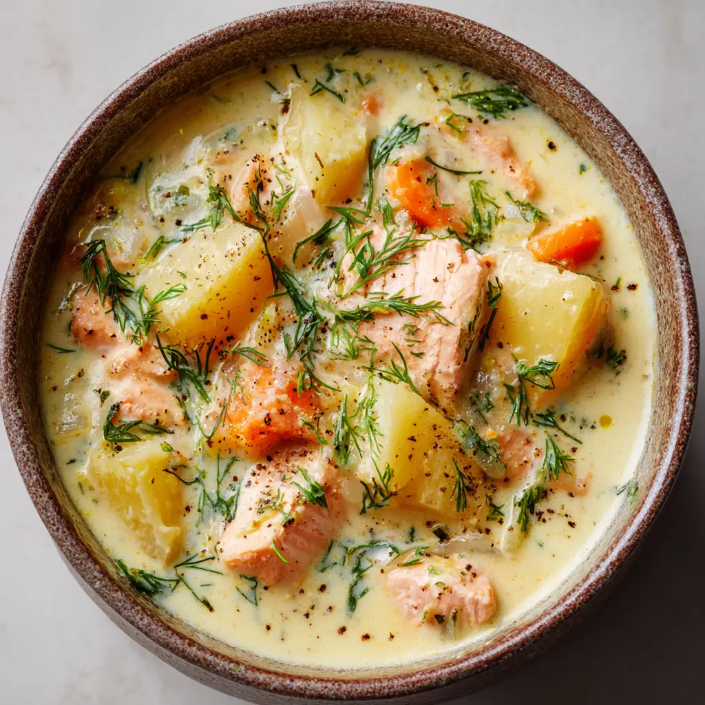 The Ultimate Creamy Salmon Chowder 1 Side angle of a handheld smartphone photo showing creamy Salmon Chowder clinging to the edges of a ceramic bowl, garnished with dill and black pepper.
