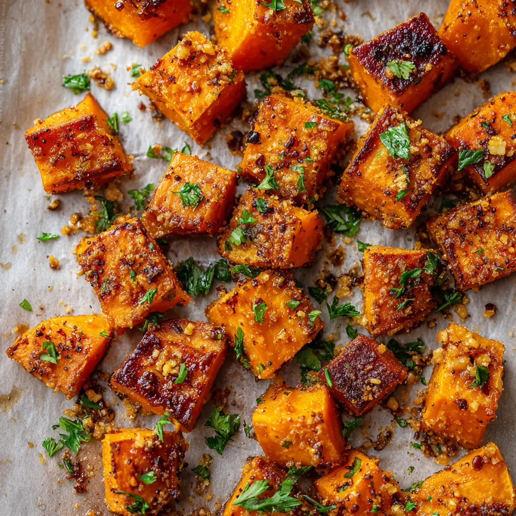 Garlic Parmesan Roasted Sweet Potatoes: The Ultimate Crispy Savory Side Dish 1 Close-up of vibrant orange sweet potato chunks with crispy dark golden-brown edges, generously garnished with finely chopped fresh parsley.