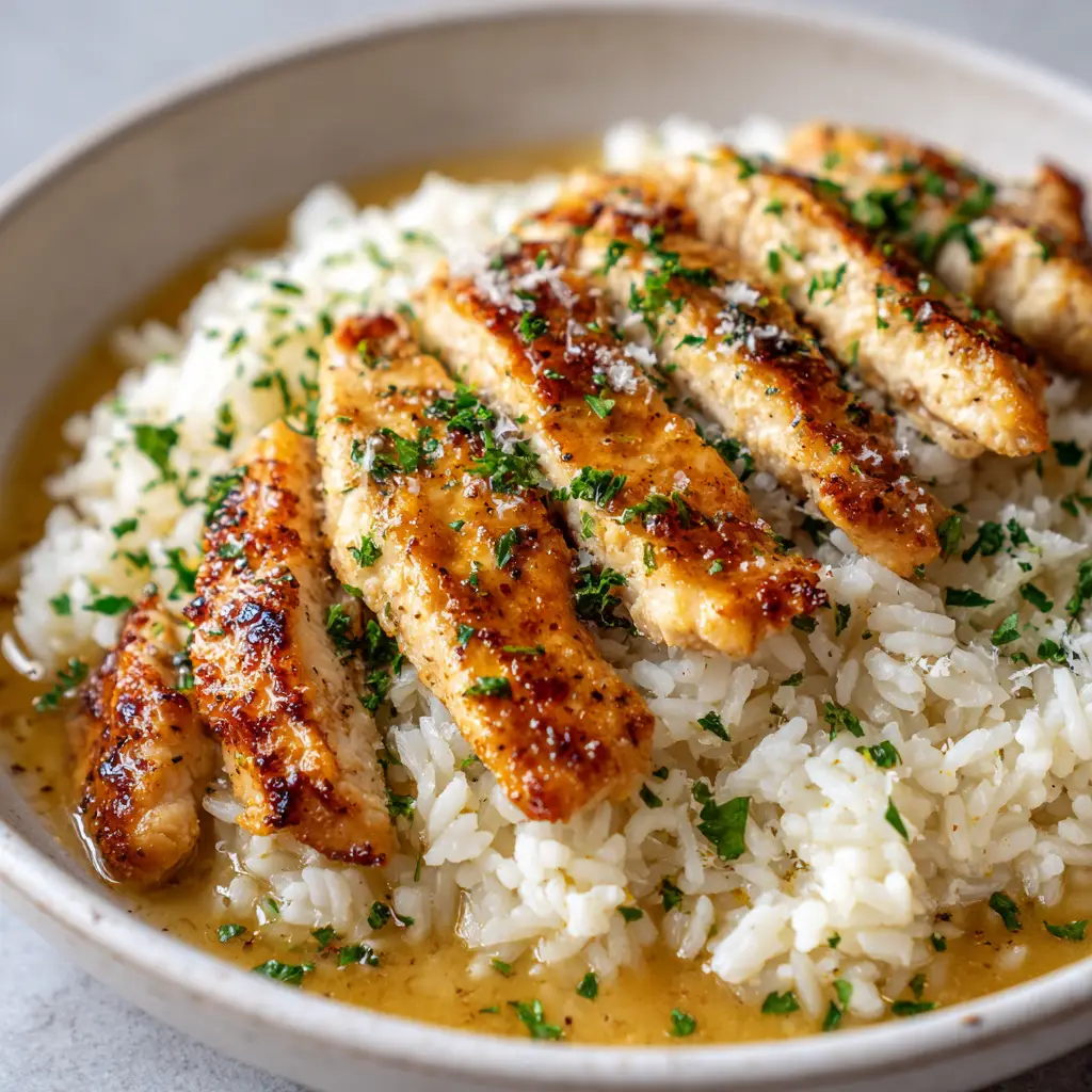 Golden-brown chicken and creamy rice coated in a slightly transparent buttery garlic scampi sauce, garnished with parsley.