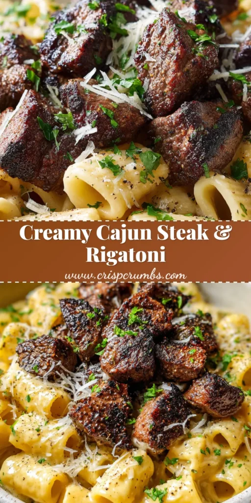 A close-up of a rustic bowl containing al dente rigatoni coated in glossy creamy parmesan sauce, topped with heavily seared bite-sized Cajun sirloin steak tips, garnished with parmesan, black pepper, and fresh parsley.