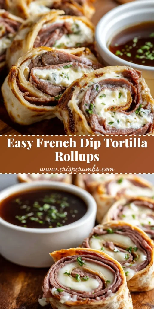 The Ultimate French Dip Tortilla Rollups Recipe 4 A rustic wooden cutting board featuring one-inch thick French Dip Tortilla Rollups with melted white provolone, roast beef, and cream cheese, served with dark brown au jus and garnished with parsley and scallions.