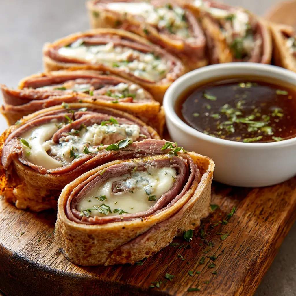 The Ultimate French Dip Tortilla Rollups Recipe 1 A small round white ceramic ramekin filled with hot, dark brown translucent au jus dipping broth, lightly garnished with delicate flakes of fresh green parsley and scallions, placed next to beef rollups.