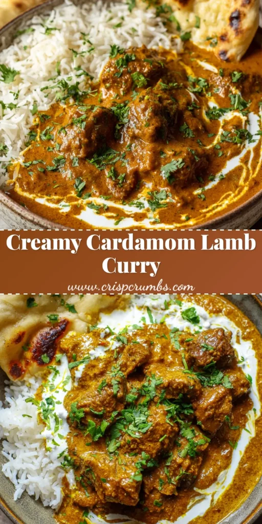 Creamy Cardamom Lamb Curry for the Ultimate Comfort Meal 4 A rustic ceramic bowl filled with a thick, glossy, golden-orange creamy cardamom lamb curry, finished with a smooth white swirl of coconut cream and fresh cilantro.
