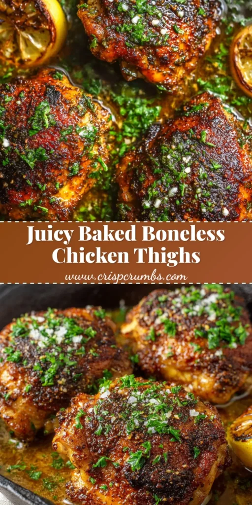 Perfectly Baked Boneless Chicken Thighs with a Charred Paprika Rub 4 Close-up of golden-brown Baked Boneless Chicken Thighs in a cast iron skillet with parsley and a charred lemon.
