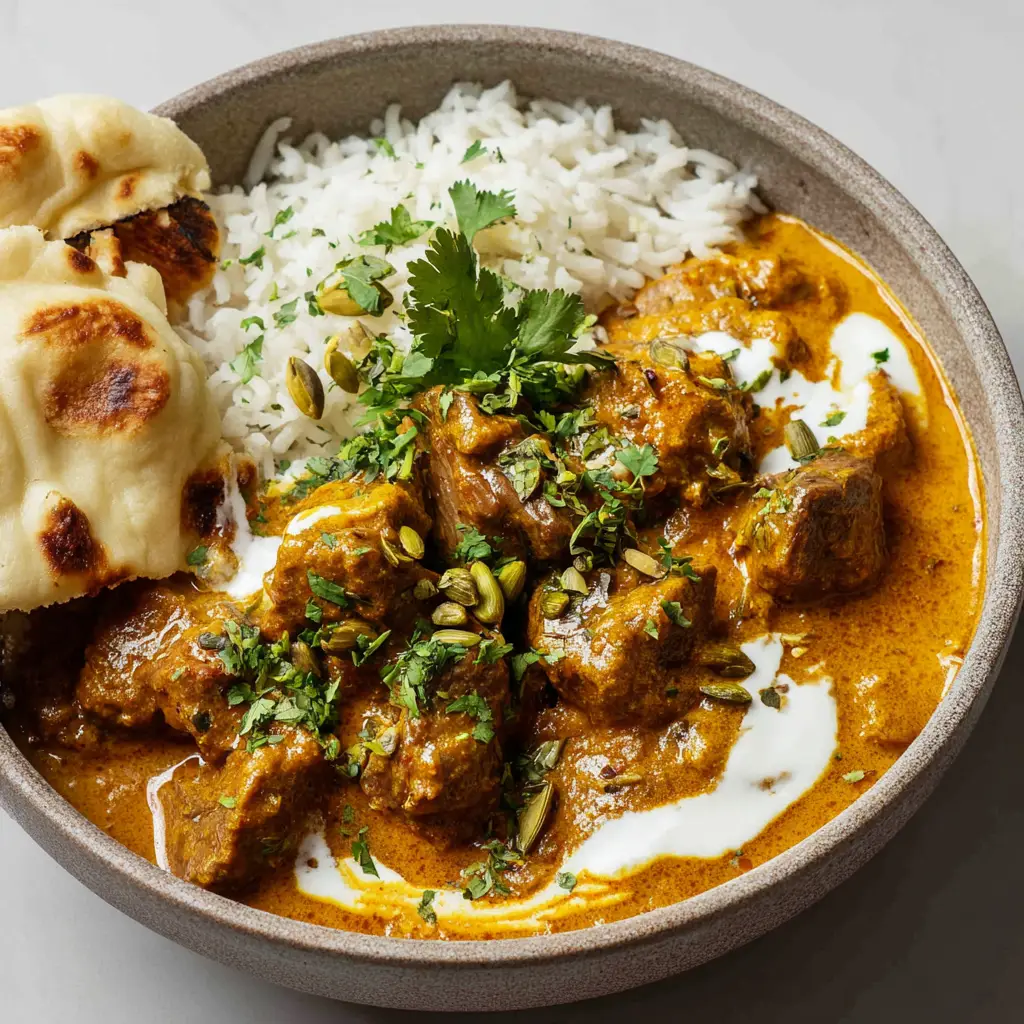 Creamy Cardamom Lamb Curry for the Ultimate Comfort Meal 1 Creamy cardamom lamb curry garnished with whole green cardamom pods, fresh green cilantro, and a swirl of coconut cream next to fluffy basmati rice.