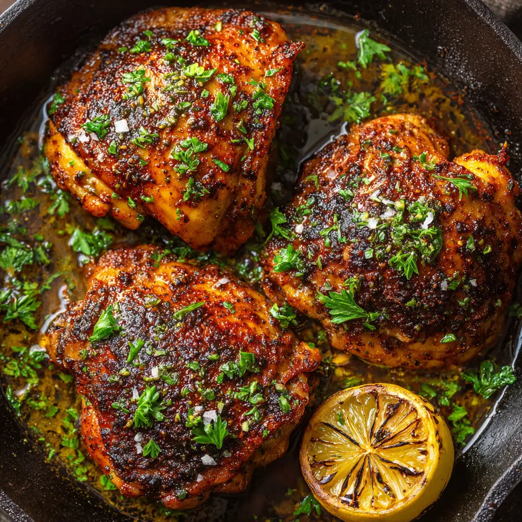 Perfectly Baked Boneless Chicken Thighs with a Charred Paprika Rub 1 Baked Boneless Chicken Thighs generously sprinkled with bright green chopped fresh parsley and coarse sea salt.