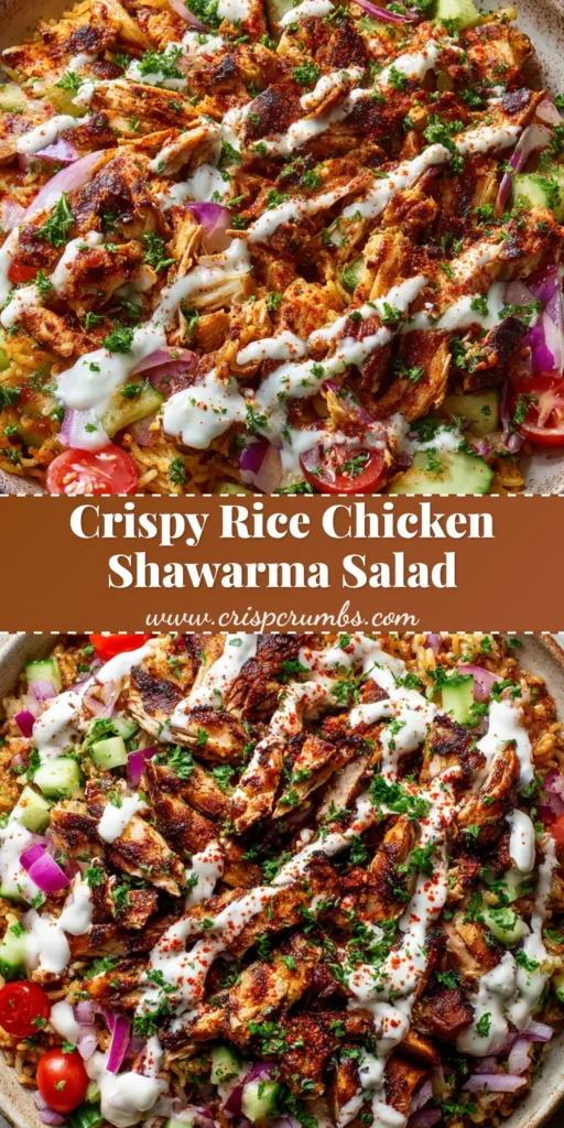 The Ultimate Chicken Shawarma Crispy Rice Salad 4 A rustic shallow bowl showcasing a Chicken Shawarma Crispy Rice Salad with charred spiced chicken, vibrant vegetables, and a crisscross drizzle of creamy white garlic sauce.