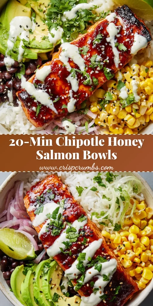Top-down view of a Chipotle Honey Salmon Bowl featuring sticky, caramelized glazed salmon, avocado, corn, black beans, and white rice in a ceramic bowl.