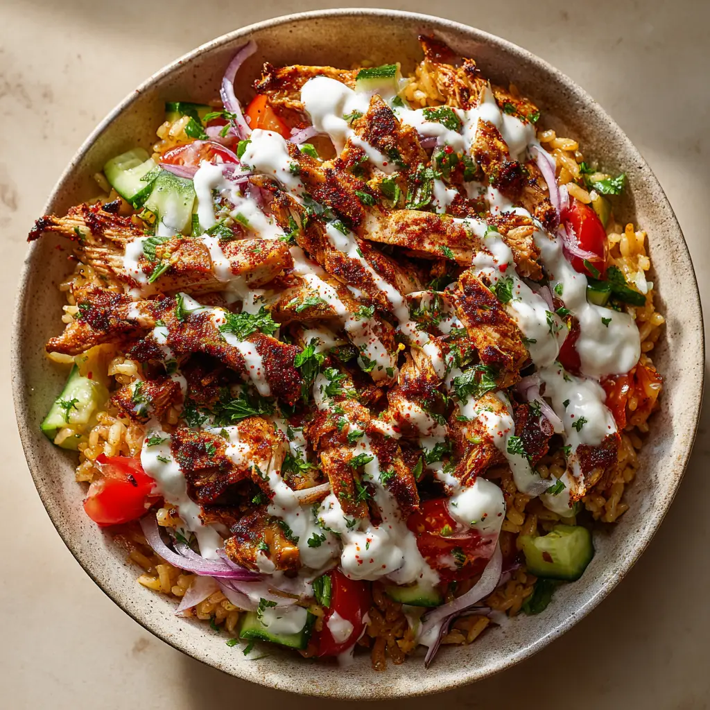 The Ultimate Chicken Shawarma Crispy Rice Salad 1 Top-down view of Chicken Shawarma Crispy Rice Salad topped with diced green cucumbers, halved cherry tomatoes, and red onions with a dusting of sumac.