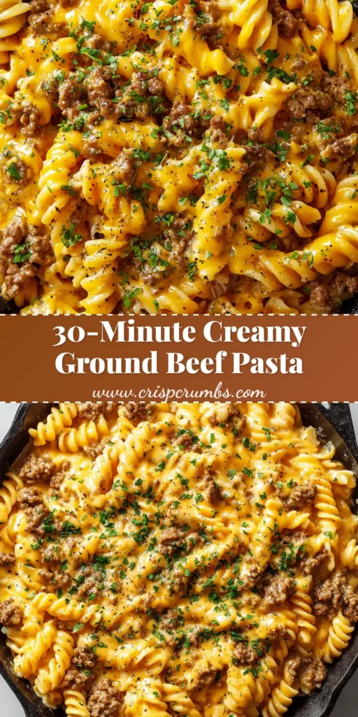 Close-up of Creamy Ground Beef Pasta in a rustic cast iron skillet topped with parsley and black pepper.