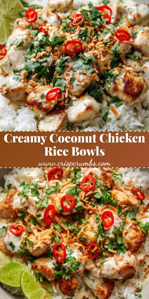 The Ultimate Tropical Coconut Chicken Rice Bowl 4 A shallow matte ceramic bowl filled with fluffy jasmine rice, topped with seared chicken in a thick, glossy opaque creamy coconut sauce, garnished with cilantro, red chilies, toasted coconut flakes, and a lime wedge.