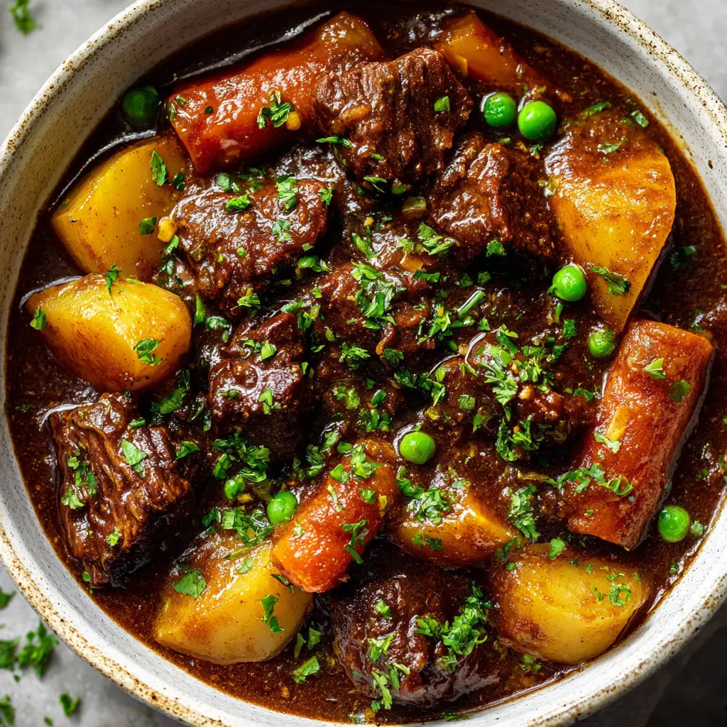 Crockpot Beef Stew: The Ultimate Rich and Hearty Comfort Dinner 1 A beautiful serving of slow-cooked beef stew garnished with freshly chopped green parsley.
