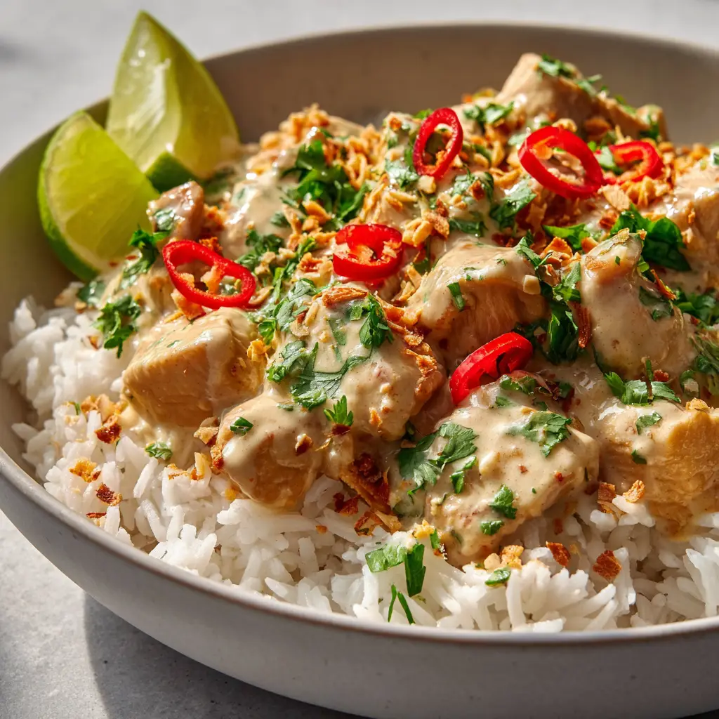 The Ultimate Tropical Coconut Chicken Rice Bowl 1 Overhead view of a Coconut Chicken Rice Bowl resting in natural daylight, showing the contrast of golden toasted coconut flakes and green lime against the white sauce.