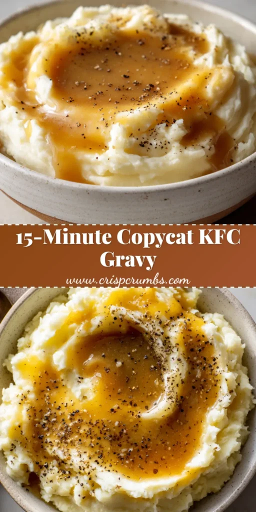 A close-up view of a rustic white ceramic bowl featuring a deep well of fluffy mashed potatoes overflowing with thick, golden-brown Copycat KFC Gravy speckled with black pepper.