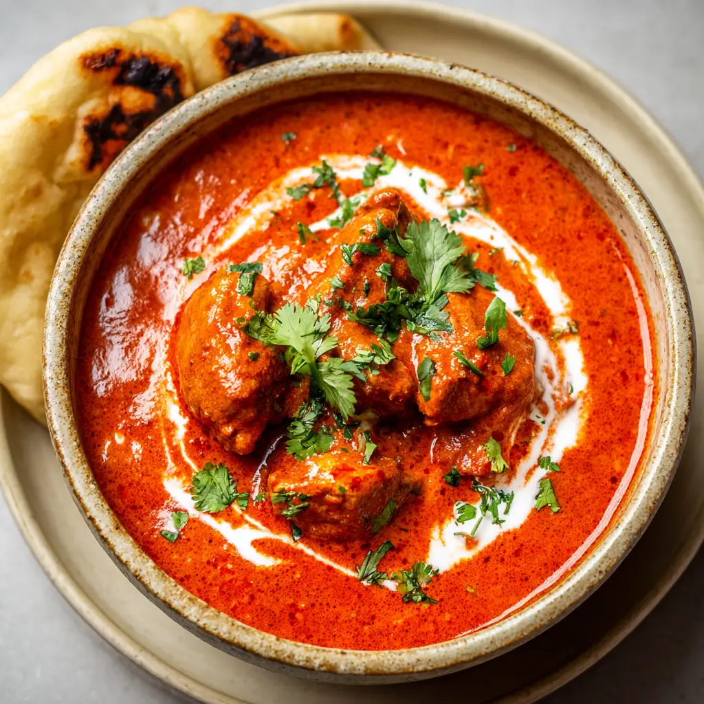 A piece of slightly charred warm flatbread resting on the edge of a rustic bowl filled with Indian Chicken Curry.