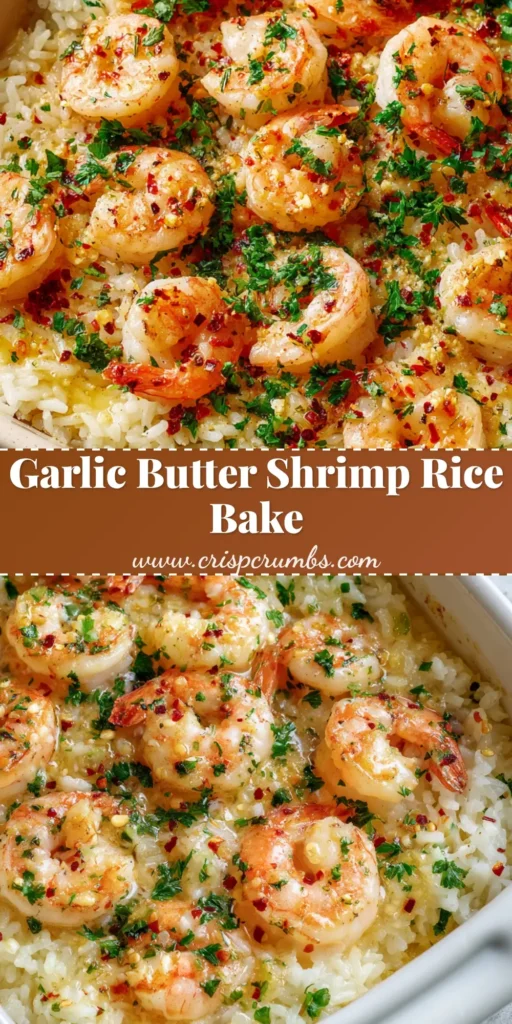 The Ultimate Garlic Butter Shrimp Rice Bake 4 A close up shot of a savory garlic butter shrimp rice bake in a rustic rectangular white ceramic baking dish, topped with seared pink shrimp, melted garlic butter, fresh parsley, and red pepper flakes.
