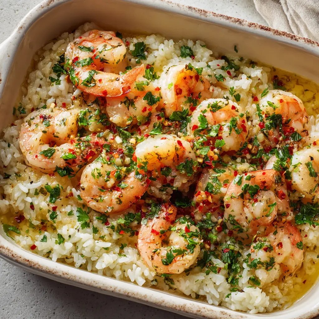 The Ultimate Garlic Butter Shrimp Rice Bake 1 Close up of plump, pink, perfectly cooked shrimp with a slight sear resting on a bed of glossy baked rice.