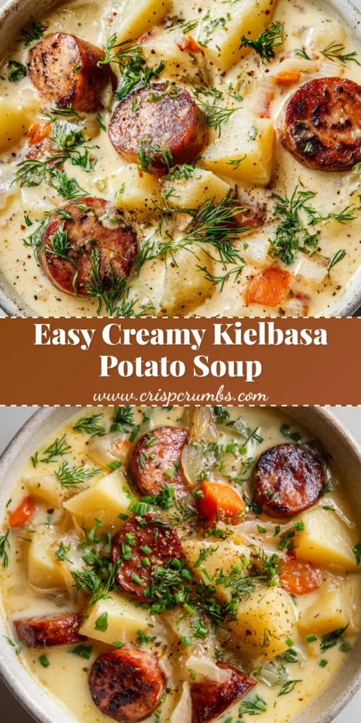 Kielbasa Potato Soup: A Rich and Velvety Comfort Bowl 4 A rustic bowl of Kielbasa Potato Soup with a creamy broth, seared sausage, tender potatoes, and fresh dill.