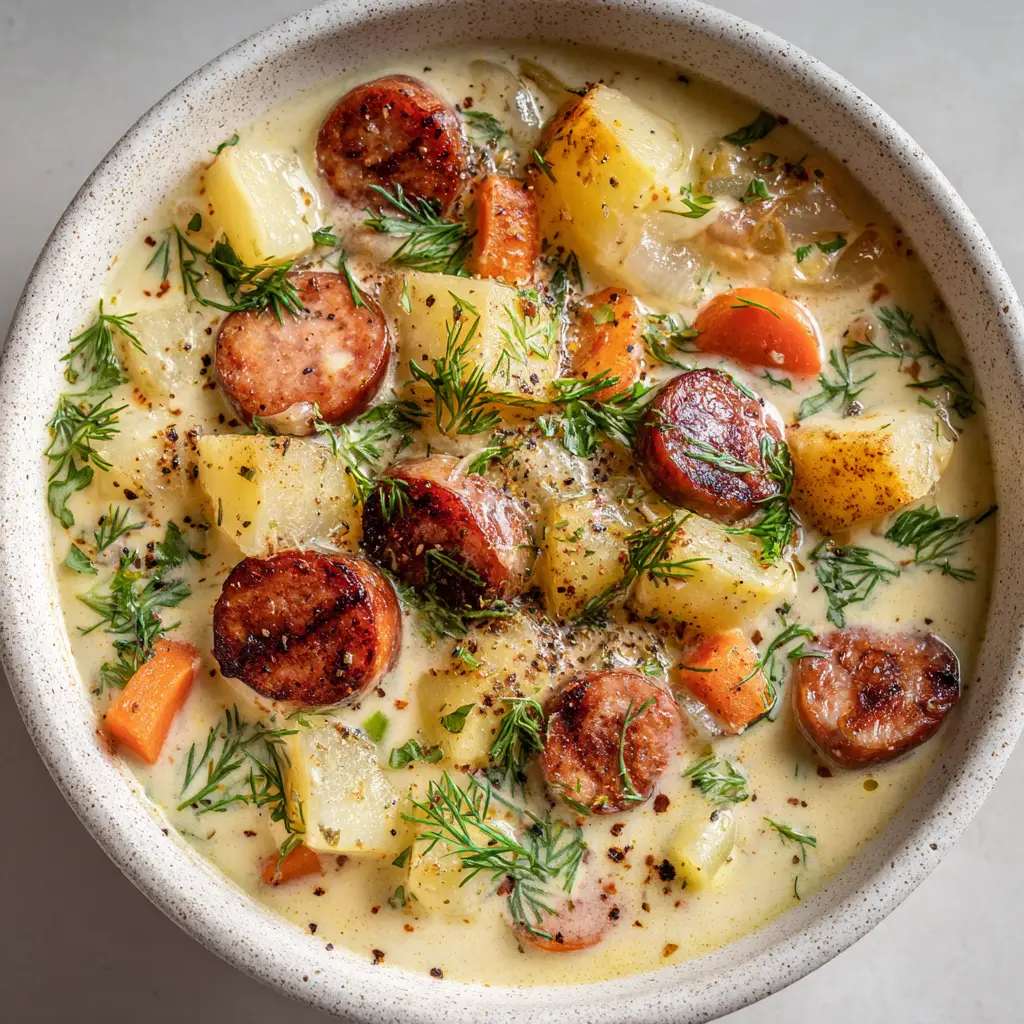 Kielbasa Potato Soup: A Rich and Velvety Comfort Bowl 1 Hearty Kielbasa Potato Soup served in a shallow white speckled bowl on a neutral table under soft natural daylight.