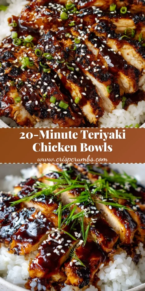 A close up shot of a teriyaki chicken rice bowl in a round ceramic bowl, featuring fluffy steamed white rice, sliced pan-seared chicken breast completely coated in a thick, glossy, dark brown sweet teriyaki glaze, garnished with white sesame seeds and finely chopped fresh green onions.