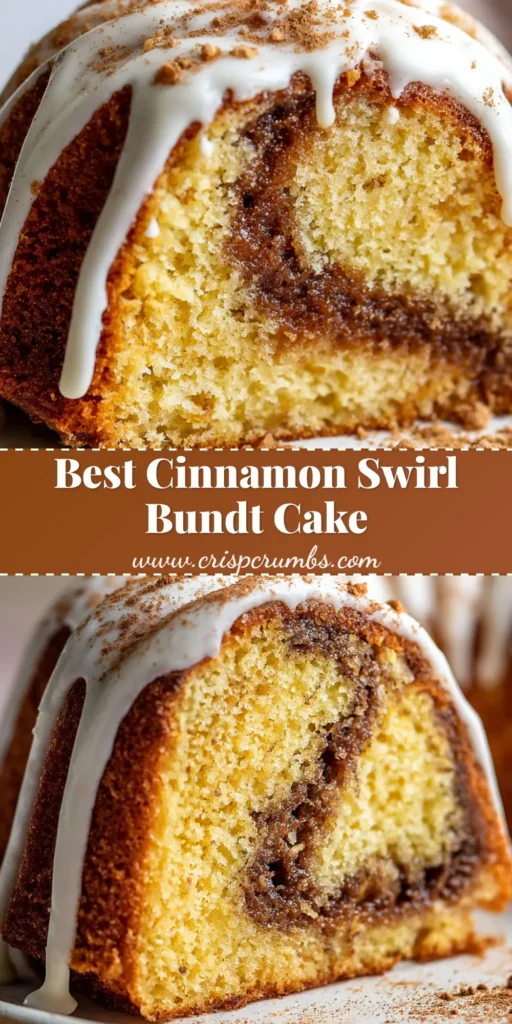 The Ultimate Cinnamon Swirl Sour Cream Bundt Cake 4 A close-up of a slice of golden-brown Cinnamon Swirl Sour Cream Bundt cake resting on a round white ceramic dessert plate with a thick dark-brown baked cinnamon sugar swirl.