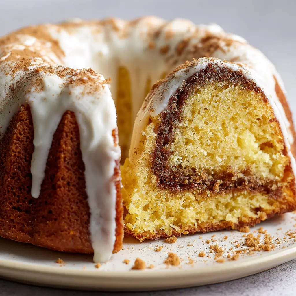 The Ultimate Cinnamon Swirl Sour Cream Bundt Cake 1 Loose baked cake crumbs and a light dry dusting of fine brown cinnamon powder scattered gently on a white ceramic plate around a cake slice.
