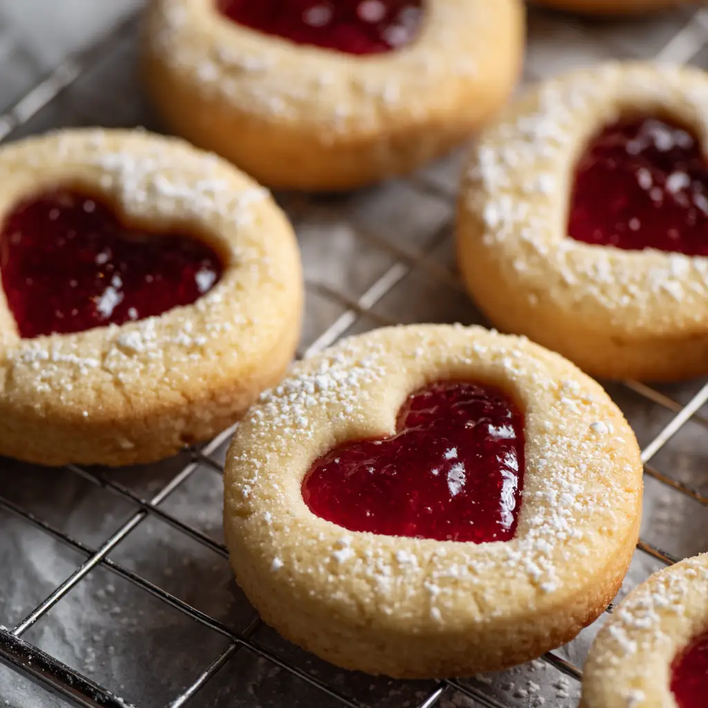 Jam Thumbprint Cookies: The Ultimate Heart-Shaped Shortbread Treat 1 Jam Thumbprint Cookies lightly dusted with fine white powdered sugar, arranged on a metal wire cooling rack over light parchment paper.