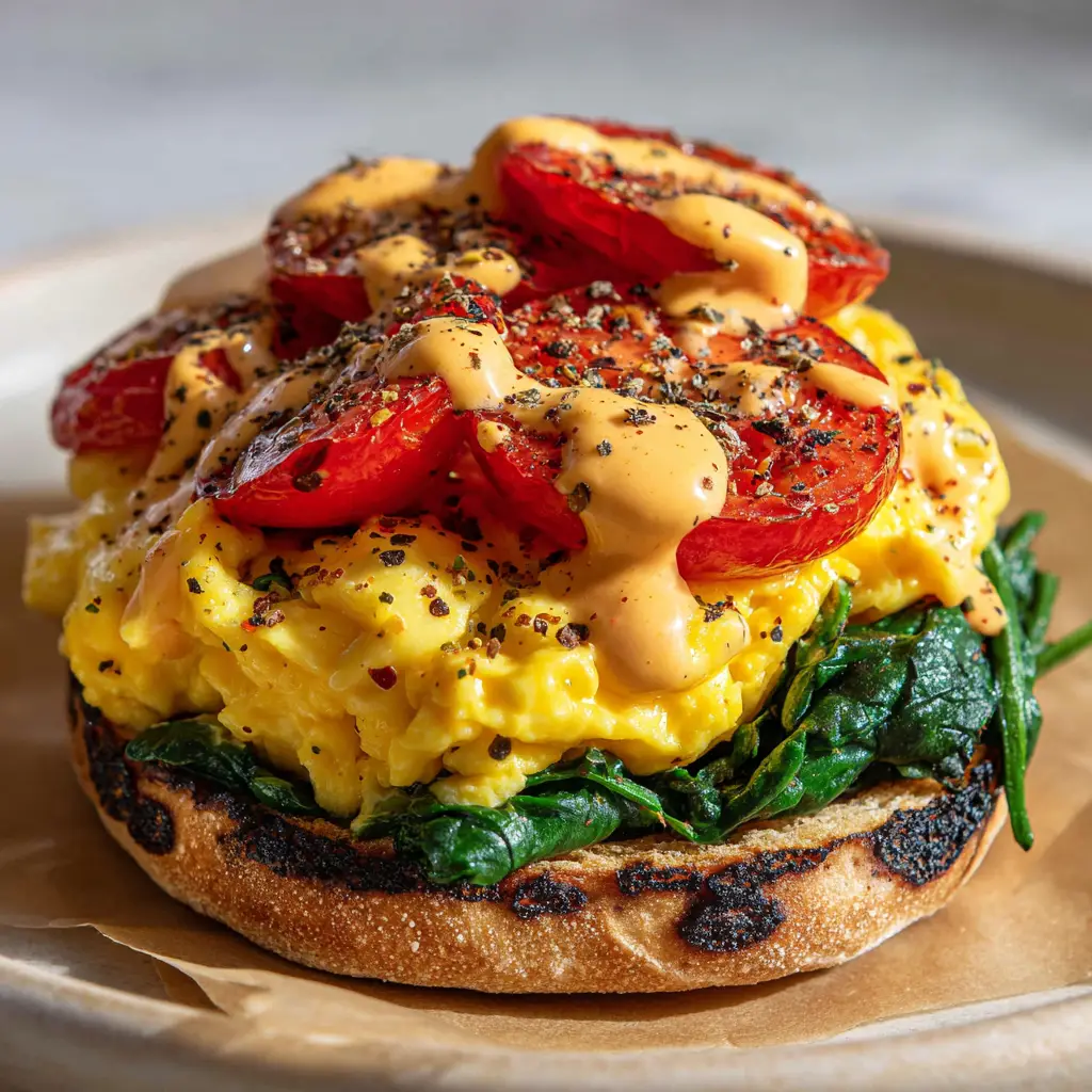 A dollop of thick, creamy orange spicy mayo sauce dripping slightly down the side of the fluffy folded eggs in a breakfast sandwich.