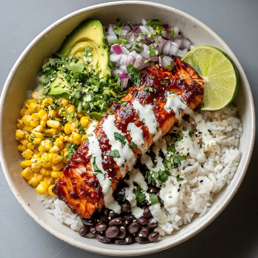 Detailed view of Chipotle Honey Salmon Bowl toppings, including sweet corn, black beans, diced red onions, and a zigzag of creamy white cilantro-lime sauce.