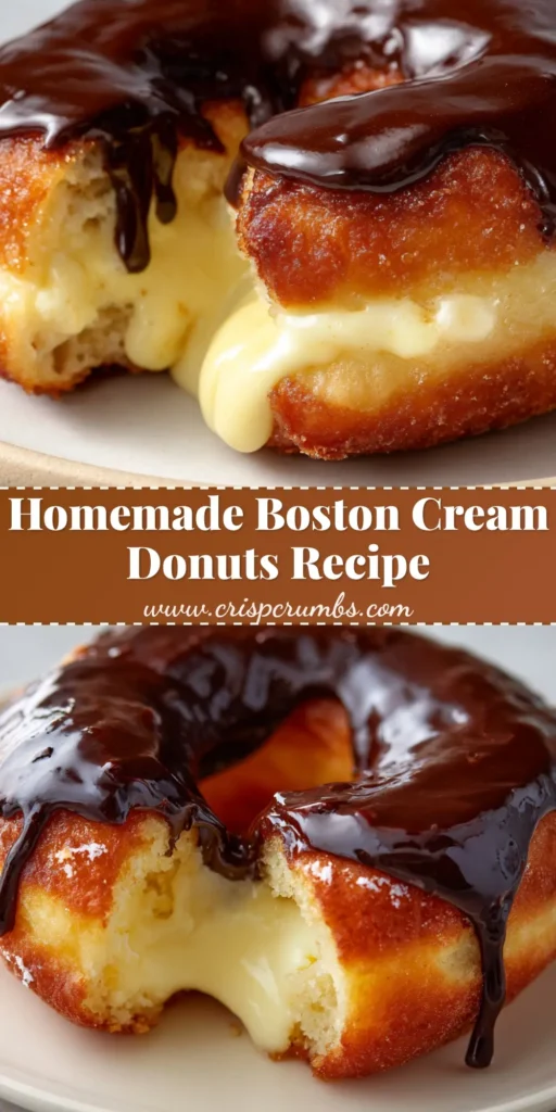The Ultimate Homemade Boston Cream Donuts Recipe 4 A close-up of a perfectly sliced Boston Cream Donut showing a thick pale-yellow vanilla custard and glossy dark chocolate ganache dripping down the sides.