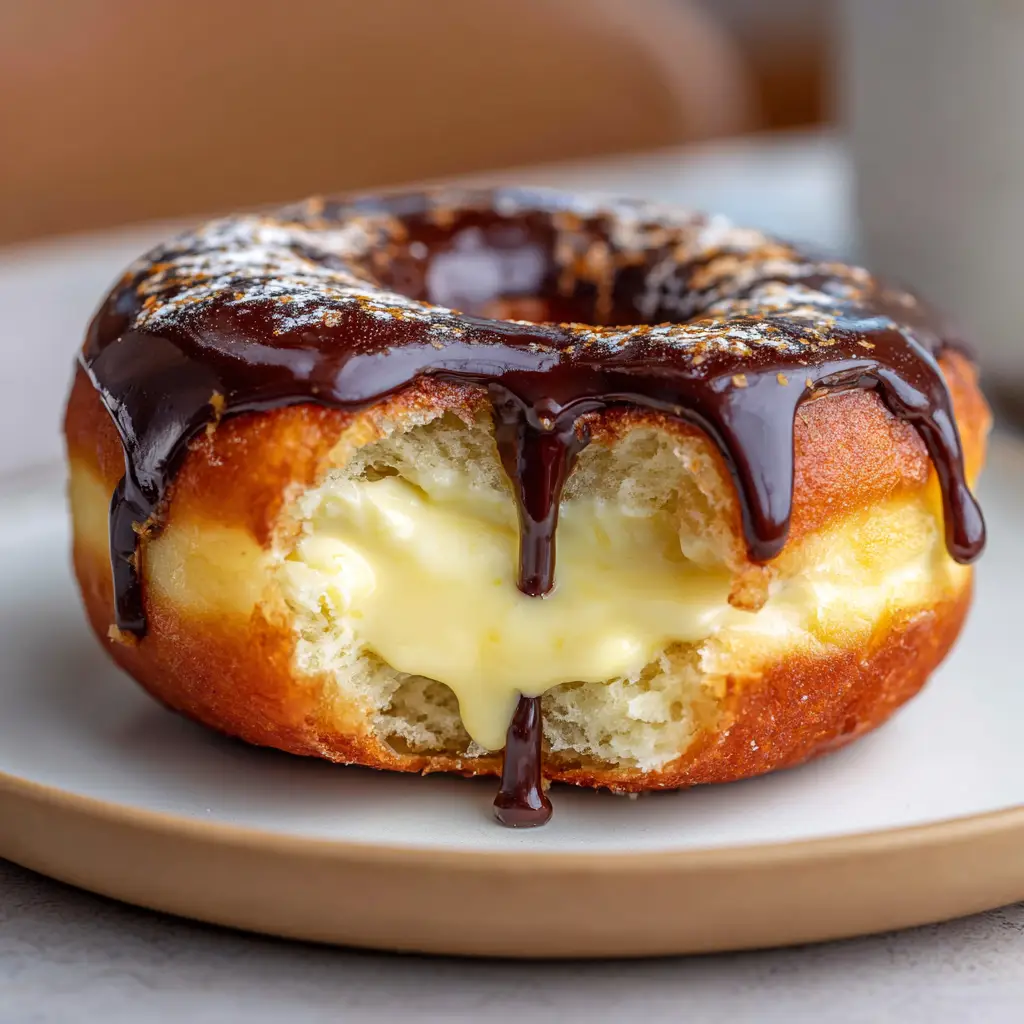 The Ultimate Homemade Boston Cream Donuts Recipe 1 Close-up of glossy dark chocolate ganache forming slow, thick drips down the sides of a soft Boston Cream Donut.