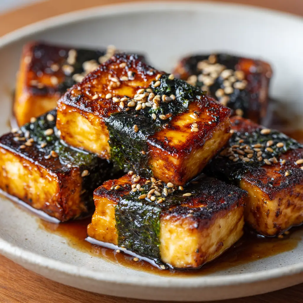 Crispy Pan-Fried Seaweed Wrapped Tofu 1 Glistening light brown savory soy glaze coating crispy seaweed wrapped tofu.