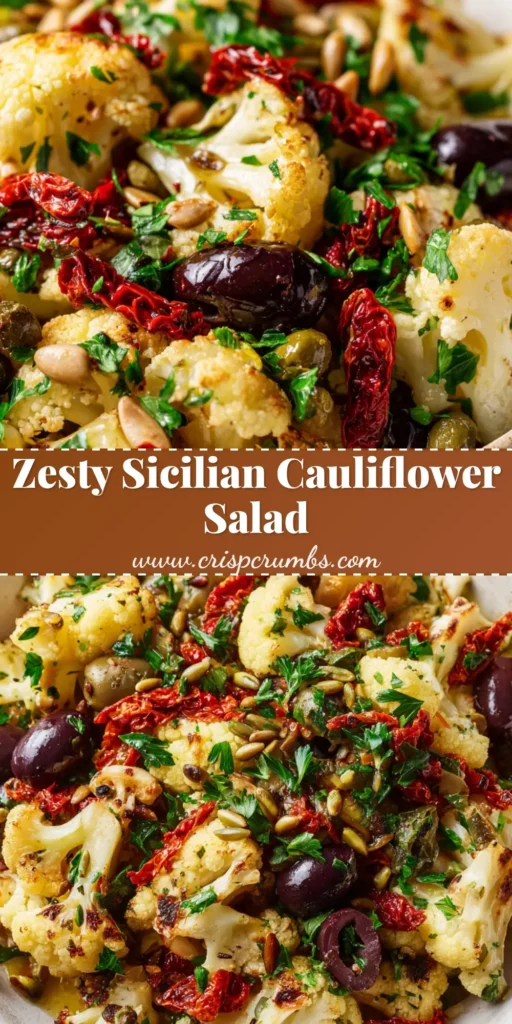 The Ultimate Roasted Sicilian Cauliflower Salad 4 A rustic white ceramic bowl filled with vibrant Sicilian cauliflower salad, featuring golden-brown charred florets, colorful olives, and sun-dried tomatoes.