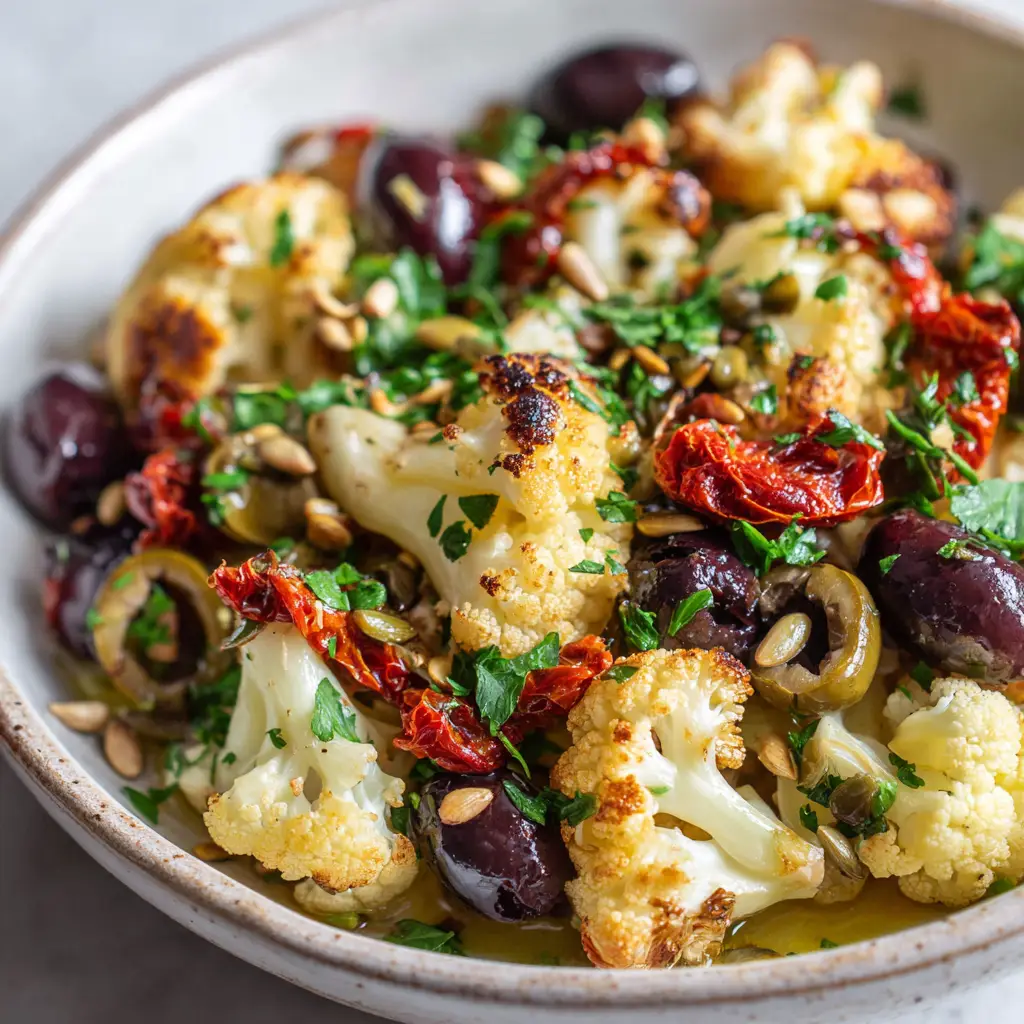 The Ultimate Roasted Sicilian Cauliflower Salad 1 A glossy light yellow lemon-olive oil dressing coating Kalamata and Castelvetrano olives in a Sicilian cauliflower salad.